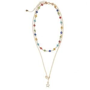 Nordstrom Layered Glass Bead Necklace Star Moon Pendant Gold Toned Chain